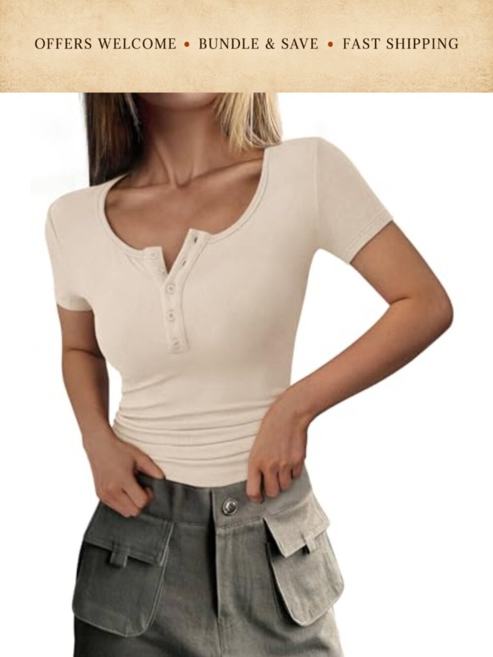 Ribbed Knit Henley V-Neck Short Sleeve Slim Fit Tee Casual Summer Top